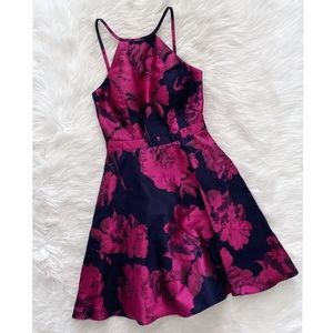 Xscape Blue Pink Floral Brocade Fit and Flare Cocktail Dress